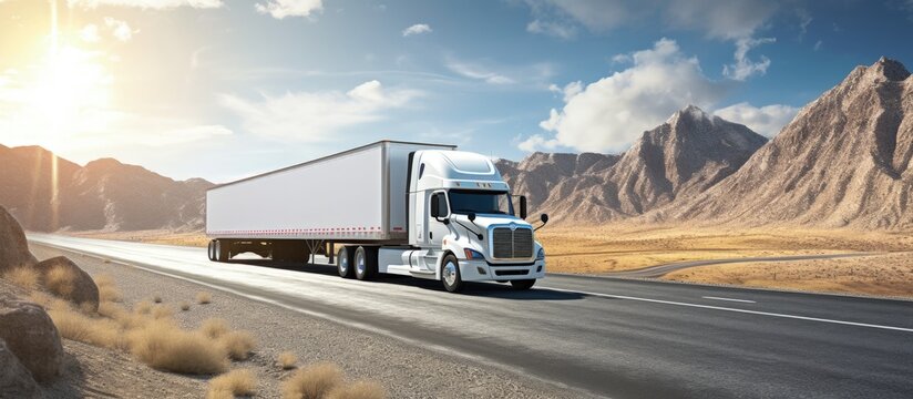 Large industrial truck hauling cargo in a dry van trailer on a wide straight highway with protective side barrier copy space image