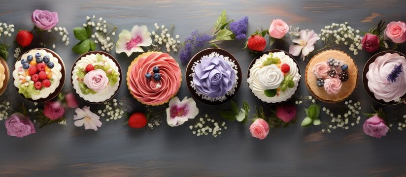 Flower decorated cakes seen from above copy space image