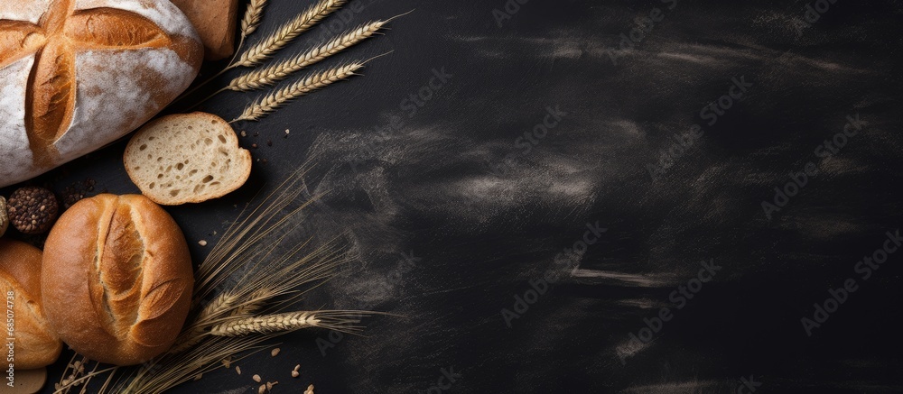 Aufkleber Freshly baked bread on dark table seen from above copy space image