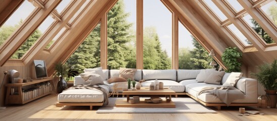 Obraz premium Impressive wood and skylights highlight the living room in the house copy space image