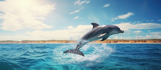 Fototapeta premium Dolphin in the Mediterranean waters near Nice France embracing natural surroundings copy space image