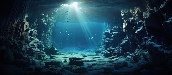 Light penetrates dark underwater caves in the Solomon Islands due to limestone erosion copy space image - obrazy, fototapety, plakaty