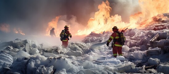 Firefighters utilize foam to suppress a major fire involving abundant plastic debris copy space image - obrazy, fototapety, plakaty