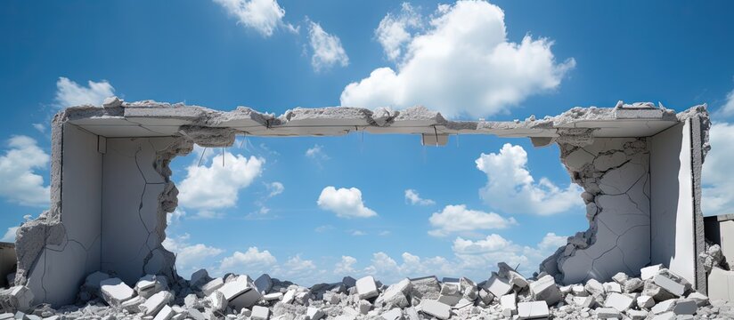 Debris of a ruined building against a cloudy blue sky copy space image