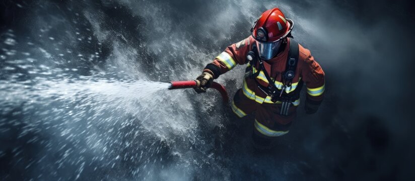 French firefighter spraying water from an elevated position copy space image