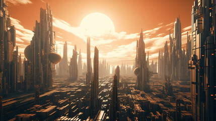 Abstract 3d render of techno panorama landscape city