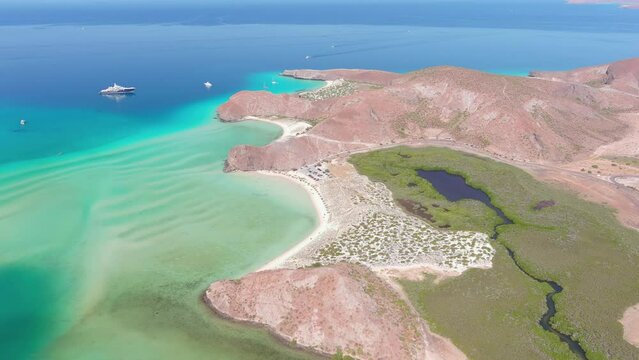 Mexico, La Paz: Aerial view of Bahia Puerto Balandra with clear turquoise waters of Gulf of California and tropical beaches - landscape panorama of Latin America from above