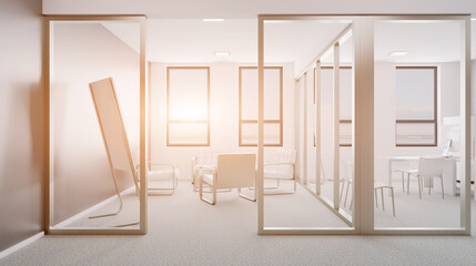 Modern office building interior. 3D rendering.. Sunset.