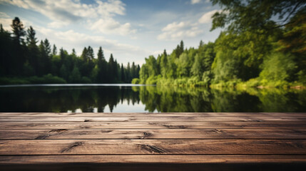 Empty wooden table top, deck near lake and forest in background - obrazy, fototapety, plakaty