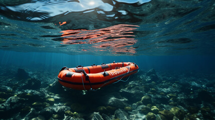 Inflatable raft, live saving raft stuck in reef, under water shot - obrazy, fototapety, plakaty