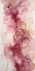 Abstract Pink and Gold Ink Painting on a White Background