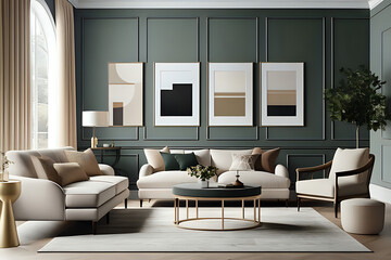 living room with four frame mockup, considering elegant tones like muted neutrals dramatic style