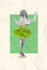 Sketch comics magazine collage of smiling beautiful woman green dress lettuce leaf isolated on drawing element background