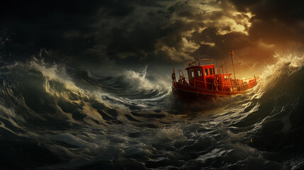 Small fishing boat in a storm at middle of the ocean, huge waves and dark sky