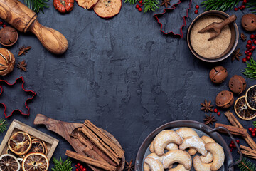 Homemade christmas cookies baking. Colorful christmas cooking background. Concrete base. Banner Background. Top view.