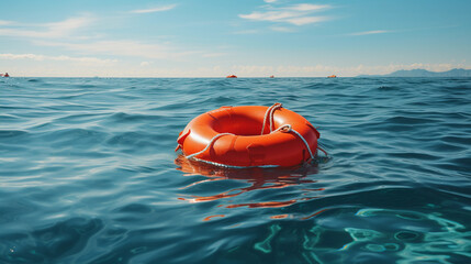 Fototapeta premium Life buoy ring floating on ocean in sunny day, safety and rescue equipments