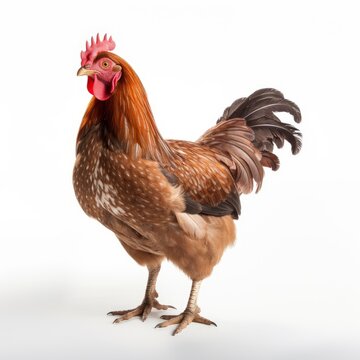 Beautiful full body view chicken on white background, isolated, professional animal photo