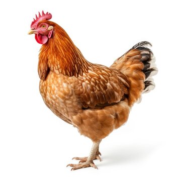 Beautiful full body view chicken on white background, isolated, professional animal photo