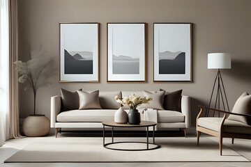 living room with three aesthetic frame mockup, considering elegant tones like muted neutrals dramatic style
