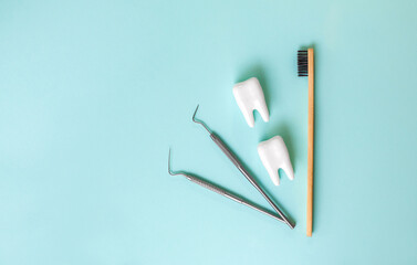 Dental model of tooth and dental equipment on blue background, concept image of dental background. Dental probe. Toothbrush. Dental health concept. Oral health examination and dental examination.