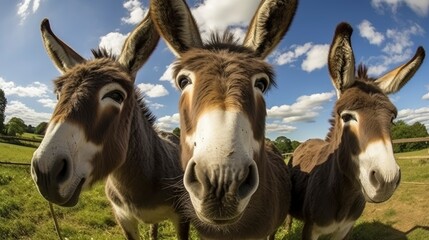 Domestic donkeys grazing with breathtaking landscape in background