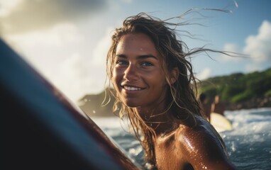 Chica surfer mira a camara en el mar mientras se prepara para surfear una ola. Deportista.  - obrazy, fototapety, plakaty