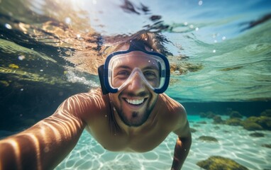 Naklejka premium Selfie bajo el agua de chico joven divertido mientras bucea. 