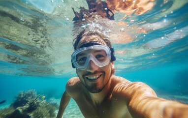 Naklejka premium Chico con gafas de buceo bajo el mar. 