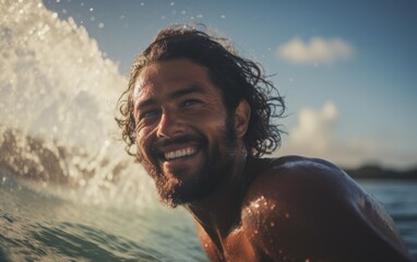 Chico surfero sonriente en el mar tras haber logrado navegar una maravillosa ola.  - obrazy, fototapety, plakaty