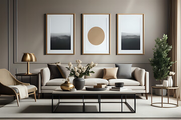 Elegant living room with three frame mockup, considering elegant tones like muted neutrals dramatic style