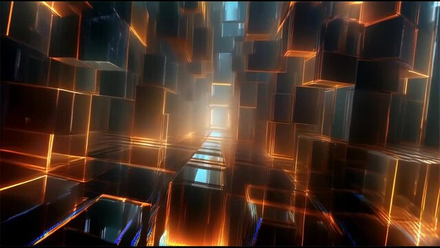 An abstract visual of cubic structures with flowing light, symbolic of the digital world. The play of light and shadow creates a deep sense of space.
