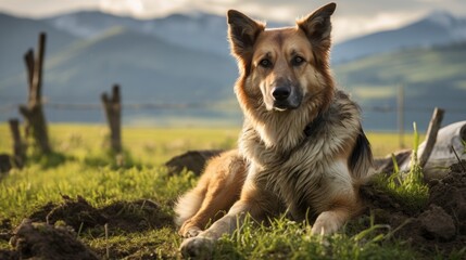 Farm dog shepherd with beautiful countryside in the background