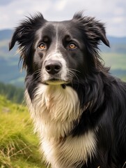 Farm dog shepherd with beautiful countryside in the background