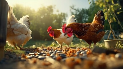 Hens eating worms feeding protein for chicken Eco farm - obrazy, fototapety, plakaty