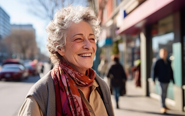 Fototapeta premium A pretty adorable lady pensioner walks around the city on a bright spring day. Smiling senior woman walking outdoors in the spring city.