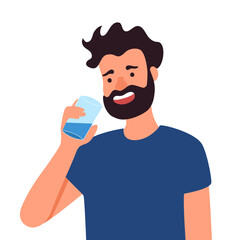 Young man drinking water in flat design on white background.
