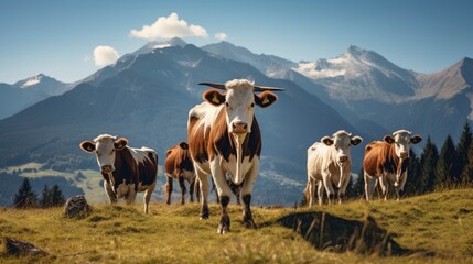 Fototapeta na wymiar Cows grazing in an open pasture mountain meadows in the background