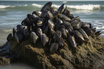Pile of mussels on sea sand. Seafood mussel on marine coastline habitat. Generate ai - obrazy, fototapety, plakaty