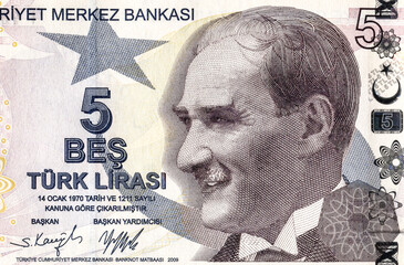 Mustafa Kemal Ataturk (1881 - 1938). Portrait on Turkey 5 Lira banknote