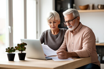 Senior couple working on finances with laptop. The concept is retirement planning at home. - obrazy, fototapety, plakaty