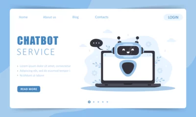 Fotobehang Chatbot service. Landing page template. AI business assistant. Online customer support and FAQ. Artificial intelligence. Vector illustration in flat cartoon style. © KeronnArt