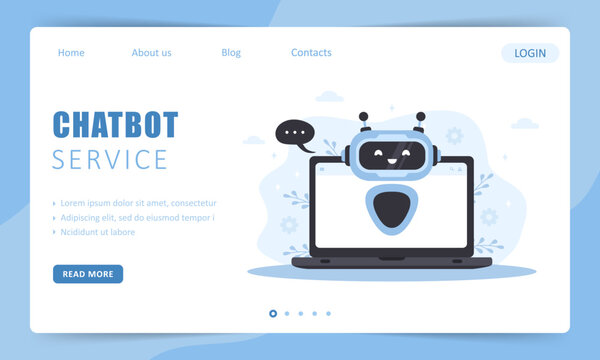 Chatbot Service. Landing Page Template. AI Business Assistant. Online Customer Support And FAQ. Artificial Intelligence. Vector Illustration In Flat Cartoon Style.