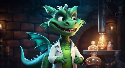 Scary green fairy-tale oriental dragon scientist works in a scientific laboratory