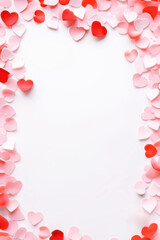 Fototapeta na wymiar BLANK VERTICAL BACKGROUND DECORATED WITH RED AND PINK HEARTS.