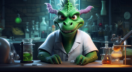 Scary green fairy-tale oriental dragon scientist works in a scientific laboratory