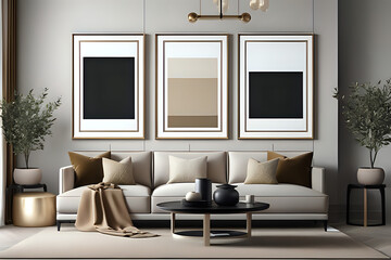living room with three frame mockup, considering elegant tones like muted neutrals elegant style