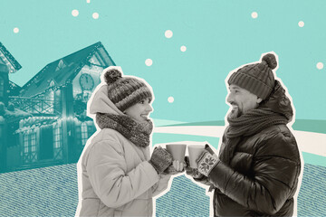Collage of two peaceful black white effect partners enjoy hot chocolate cup communicate city...