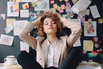 A tired young businesswoman, a clerk sits in the office at the table with her eyes closed and her head in her hands against the background of a wall hung with a lot of stickers. - obrazy, fototapety, plakaty