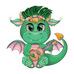 Cute cartoon green baby dragon with ukulele, holiday paraphernalia. Symbol of 2024 according to the Chinese