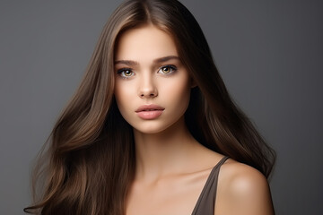 Obraz na płótnie Canvas Beautiful woman face with natural perfect skin and long shiny hair over grey background.